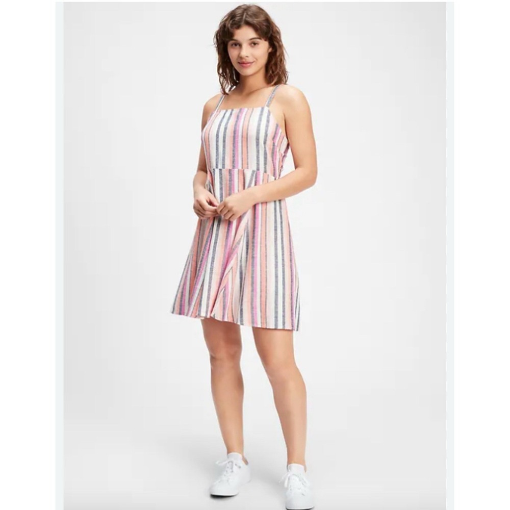 The Gap Linen-Blend Mini‎ Dress Women Sz XS Square Neck Cami Stripe Coastal Tank